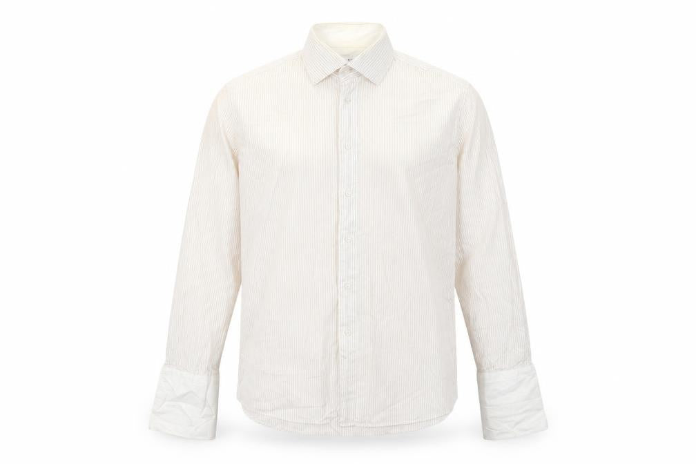 Front view of Ungaro men’s ivory striped cotton button-up, size 16, collared button