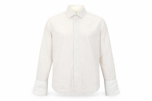 Front view of Ungaro men’s ivory striped cotton button-up, size 16, collared button