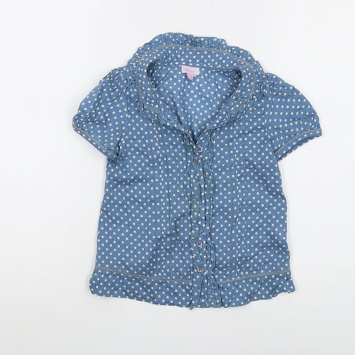 Monsoon Girls Blue Polka Dot Cotton Basic Button-Up Size 6-7 Years Collared Button