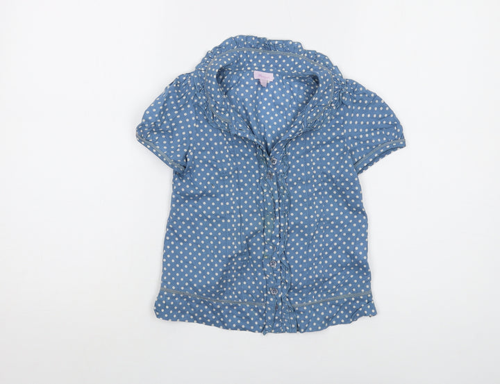 Monsoon Girls Blue Polka Dot Cotton Basic Button-Up Size 6-7 Years Collared Button