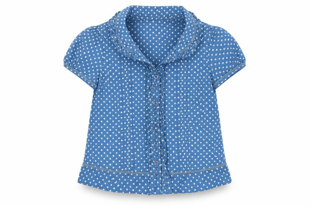 Front view of Monsoon girls’ blue polka dot cotton basic button-up, size 6-7, years collared button