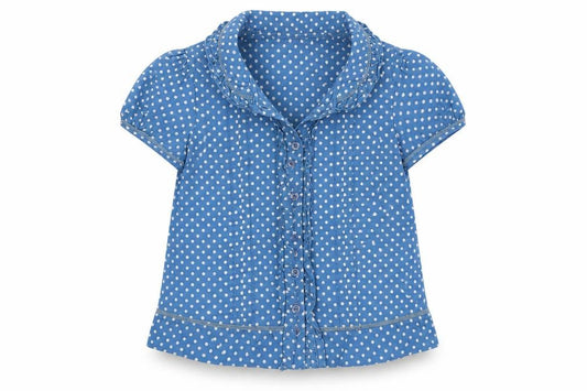 Front view of Monsoon girls’ blue polka dot cotton basic button-up, size 6-7, years collared button