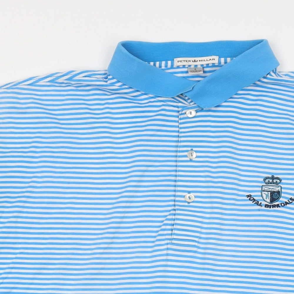 Peter Millar Mens Blue Striped Cotton Polo Size L Collared Button