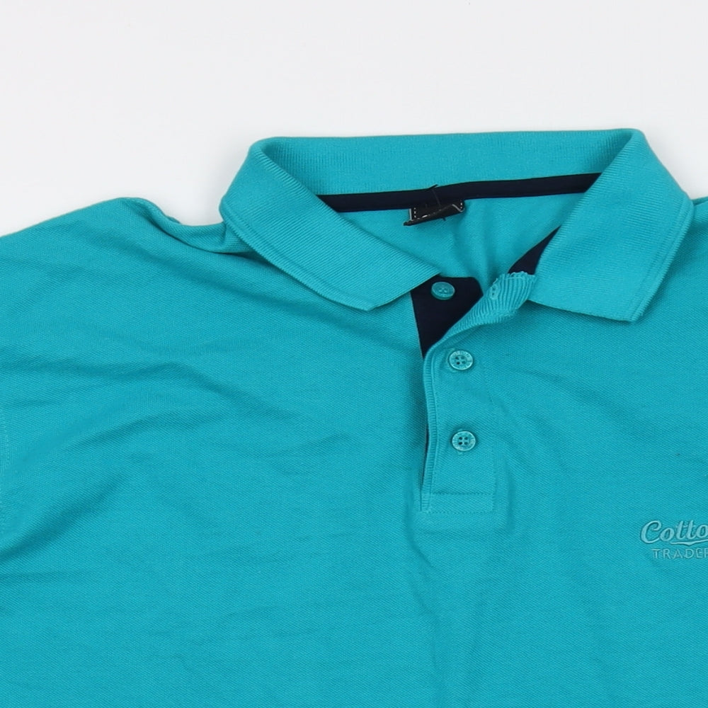 Cotton Traders Mens Blue Cotton Polo Size L Collared Button