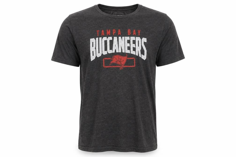 Front view of Buccaneers men’s grey polyester t-shirt, size L, crew neck