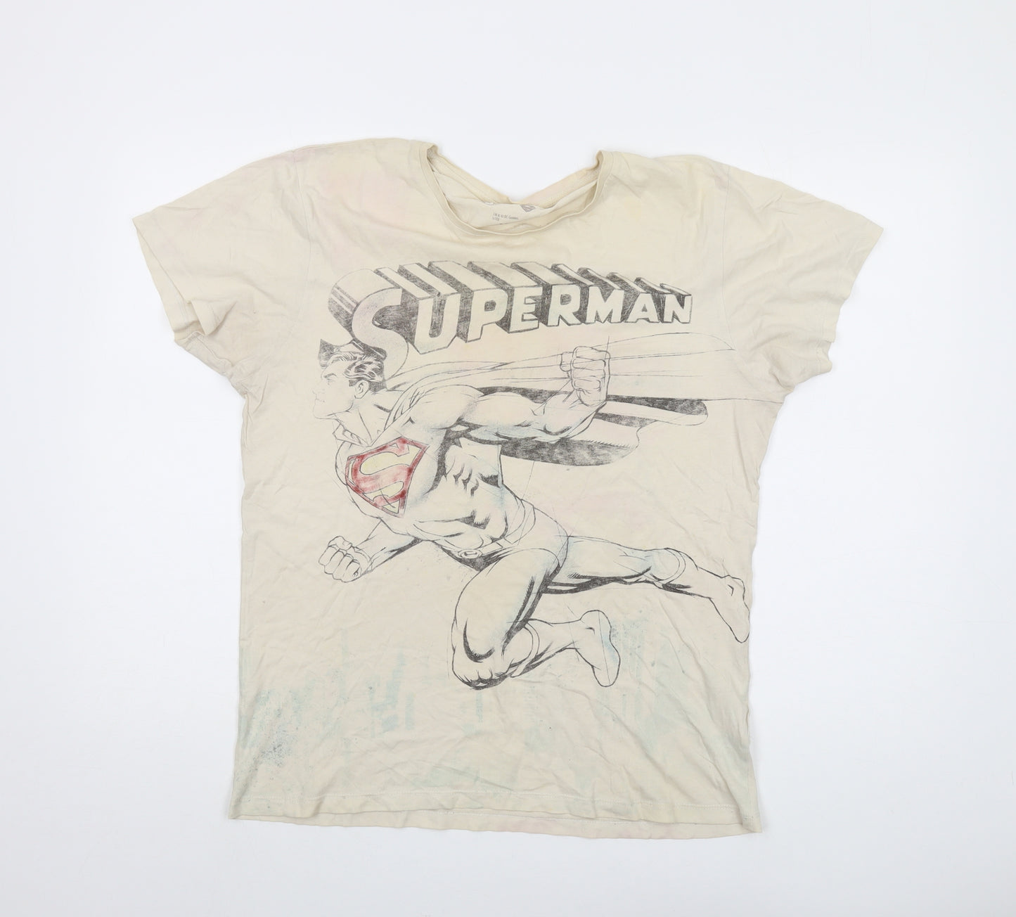 Superman Mens Beige Cotton T-Shirt Size M Round Neck