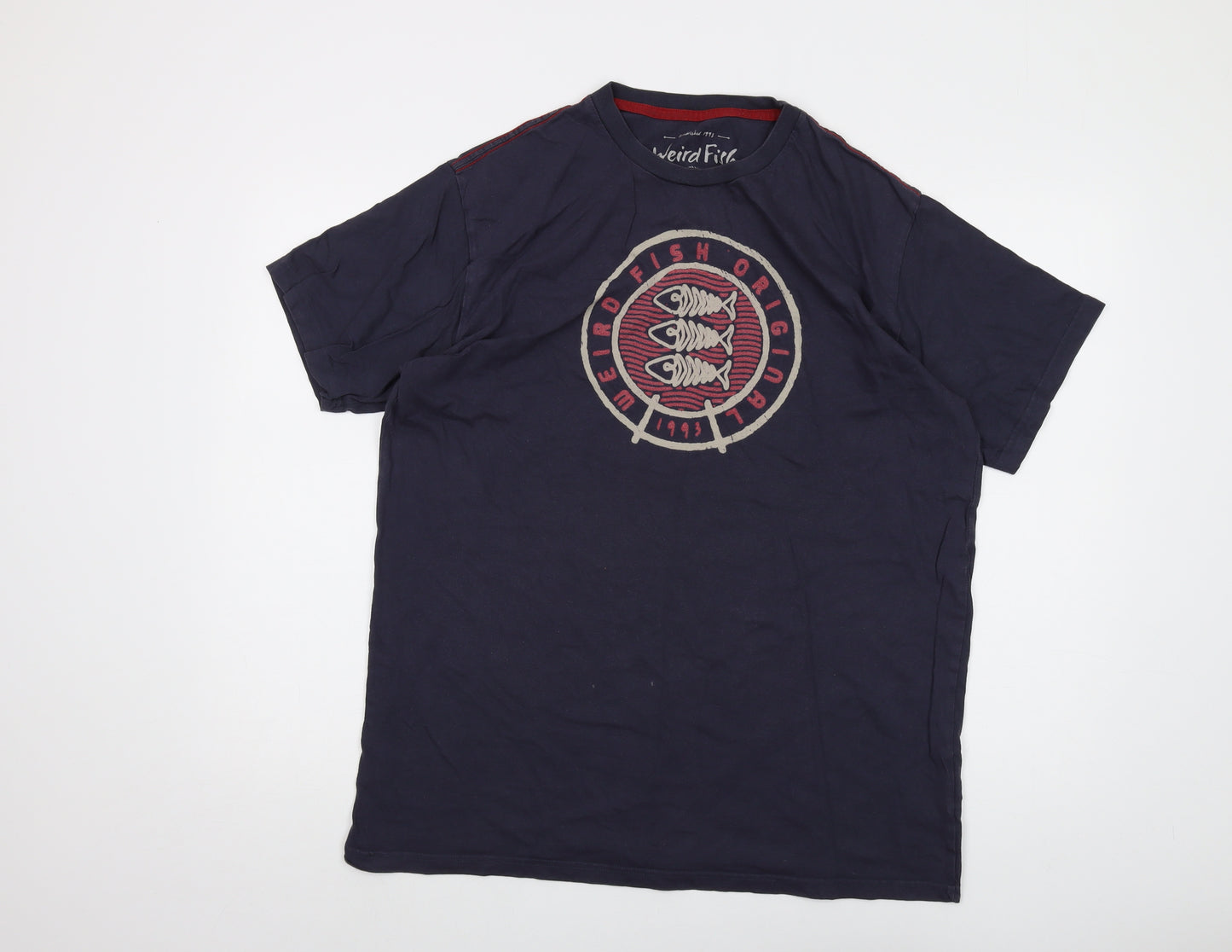Weird Fish Mens Blue Cotton T-Shirt Size L Crew Neck