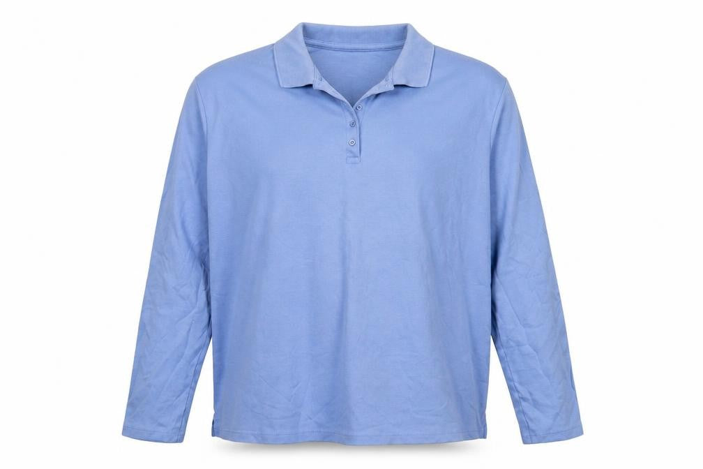 Front view of Lands' End men’s blue cotton polo, size XL, collared button