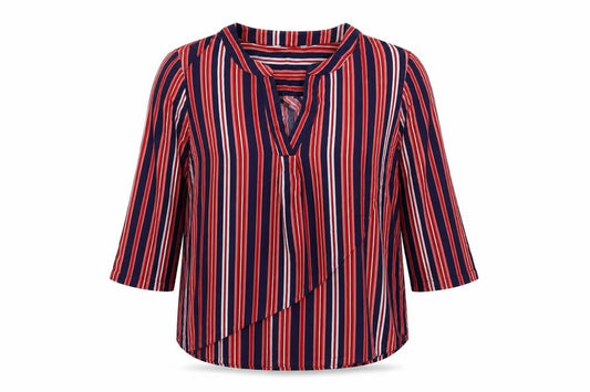 Front view of Vero Moda women’s blue striped viscose basic blouse, size XL, v-neck