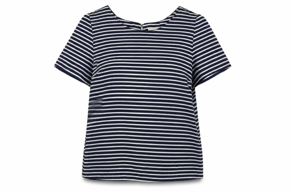 Front view of Oasis women’s blue striped polyester basic blouse, size UK 14, round neck