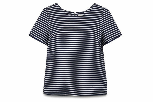 Front view of Oasis women’s blue striped polyester basic blouse, size UK 14, round neck