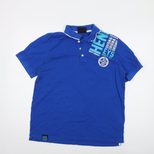 Henleys Mens Blue Cotton Polo Size L Collared Button