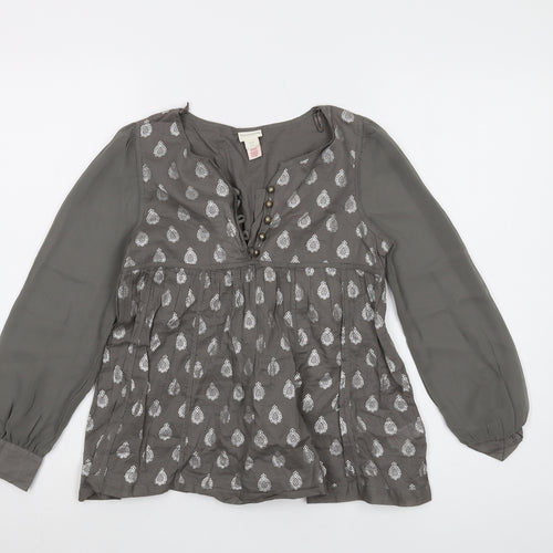 Monsoon Girls Grey Geometric Cotton Basic Blouse Size 10-11 Years V-Neck Button
