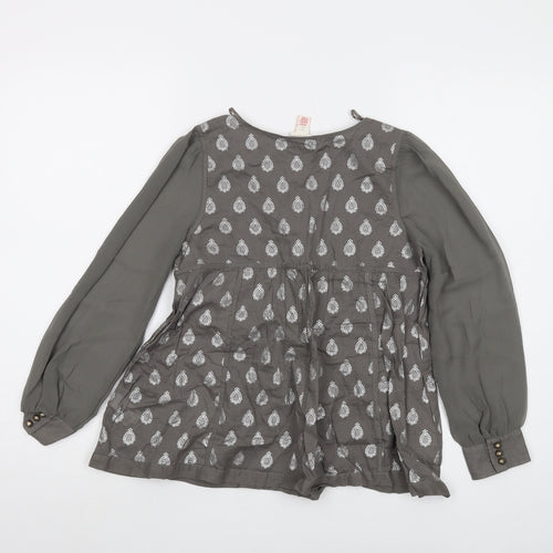 Monsoon Girls Grey Geometric Cotton Basic Blouse Size 10-11 Years V-Neck Button