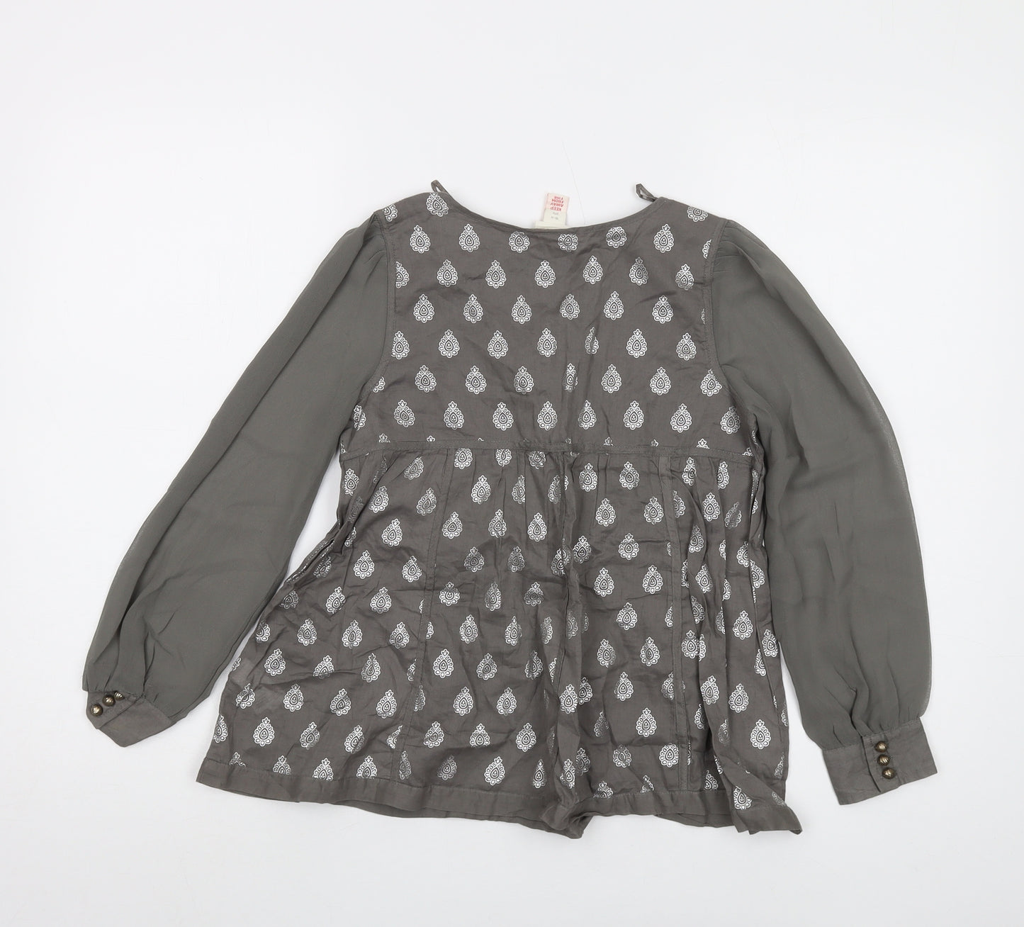 Monsoon Girls Grey Geometric Cotton Basic Blouse Size 10-11 Years V-Neck Button