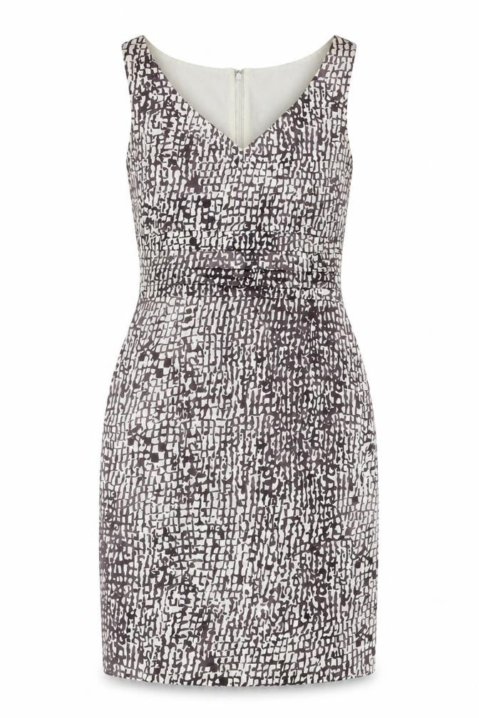Front view of Ann Taylor women’s beige geometric silk sheath, size UK 10, v-neck zip