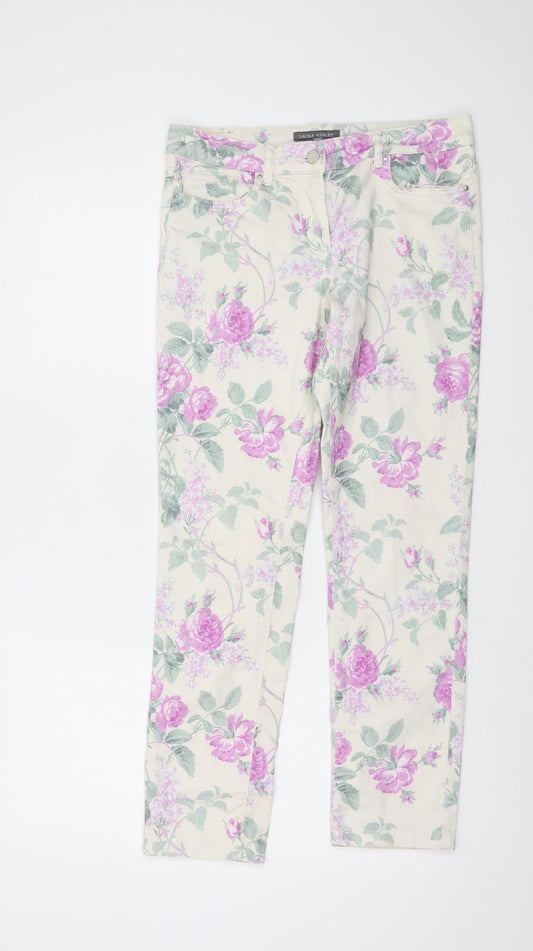 Laura Ashley Womens Ivory Floral Cotton Straight Jeans Size 12 L27 in Regular Button