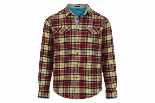 Front view of Bila Bong men’s yellow plaid polyester button-up, size S, collared button