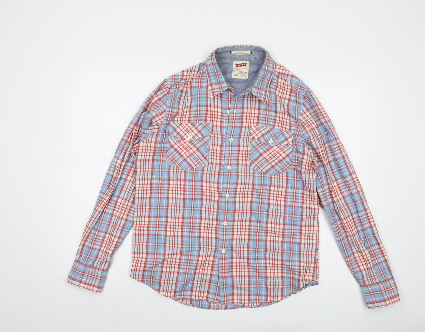Levi's Mens Blue Plaid Cotton Button-Up Size S Collared Button