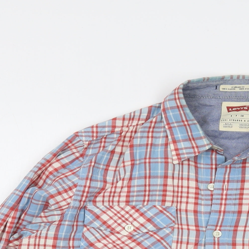 Levi's Mens Blue Plaid Cotton Button-Up Size S Collared Button