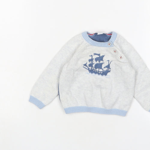 The White Company Boys Grey Cotton Pullover Jumper Size 3-6 Months Button - Boat