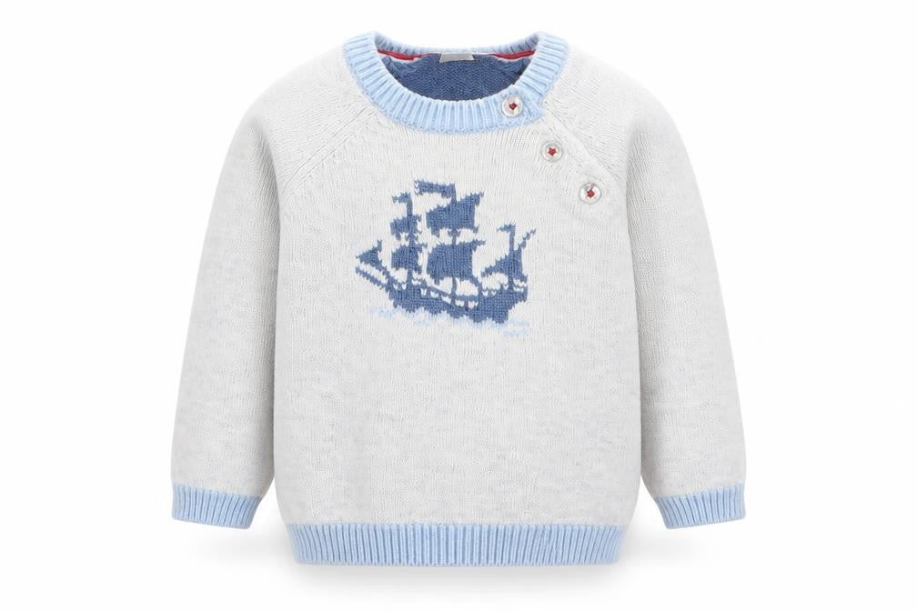 Front view of The White Company boys’ grey cotton jumper, size 3-6, months button - boat