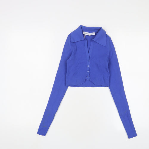 Bershka Womens Blue Polyamide Cropped T-Shirt Size S Collared - Stretch