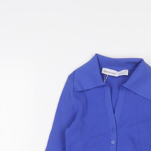 Bershka Womens Blue Polyamide Cropped T-Shirt Size S Collared - Stretch