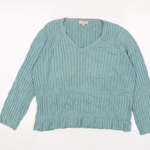 Cc Womens Blue V-Neck Viscose Pullover Jumper Size XL - Embroidered