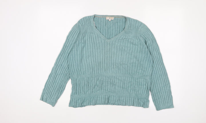 Cc Womens Blue V-Neck Viscose Pullover Jumper Size XL - Embroidered