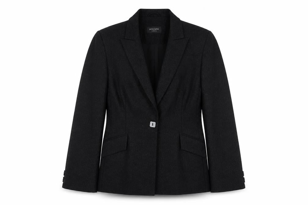 Front view of Principles women’s black jacket blazer, size UK 12, button