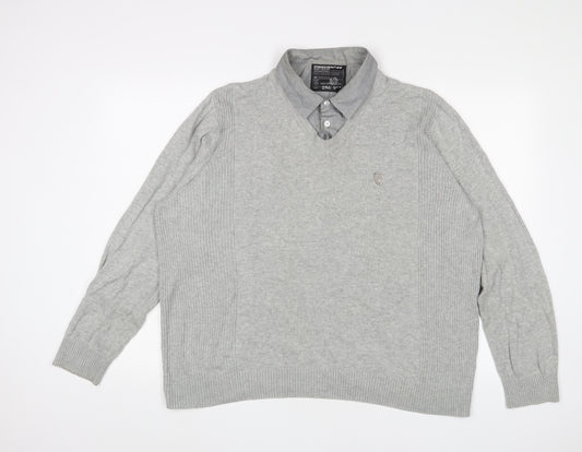 Dissident Mens Grey Collared Cotton Pullover Jumper Size L Long Sleeve - Logo