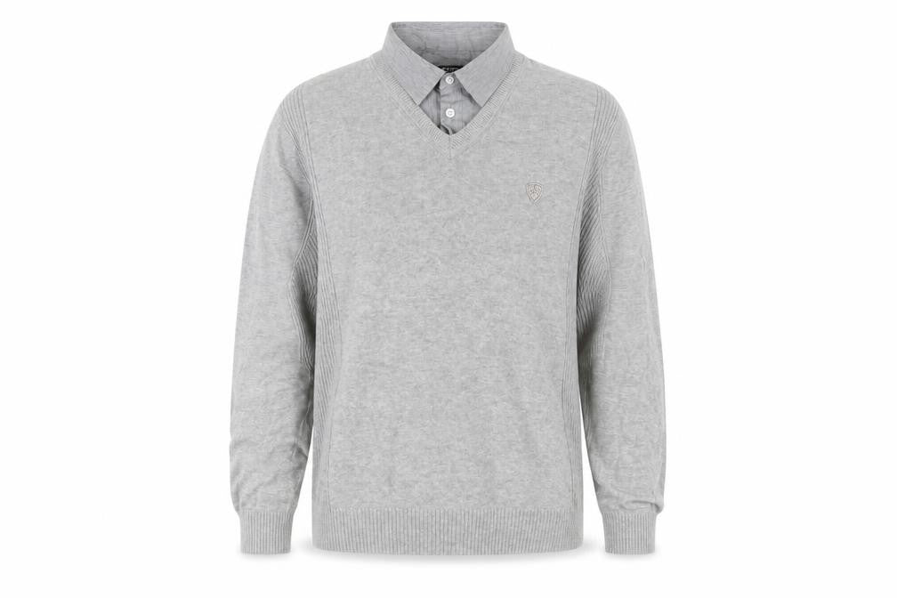 Front view of Dissident men’s grey collared cotton jumper, size L, long sleeve - logo