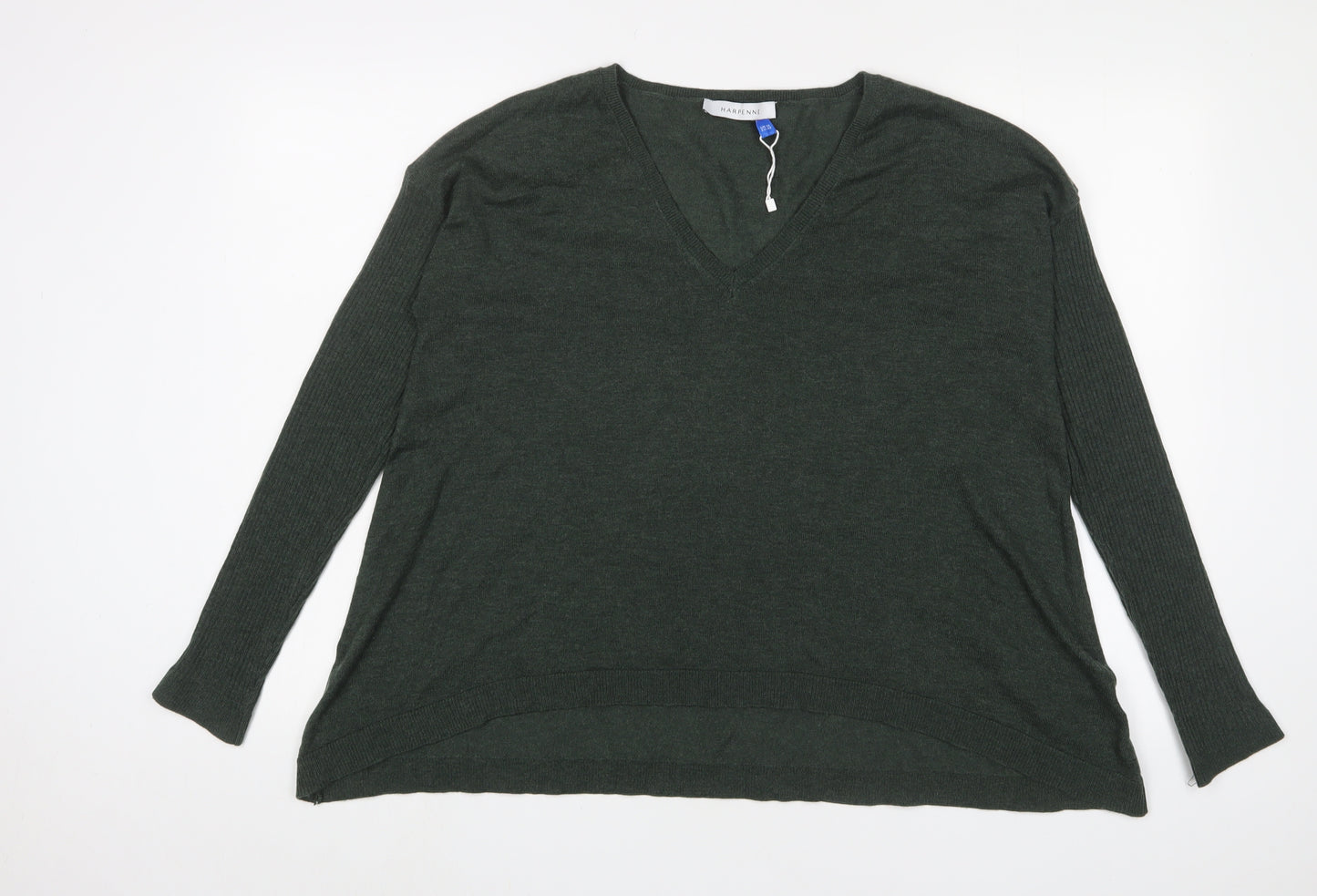 Harpenne Womens Green V-Neck Polyester Pullover Jumper Size 14