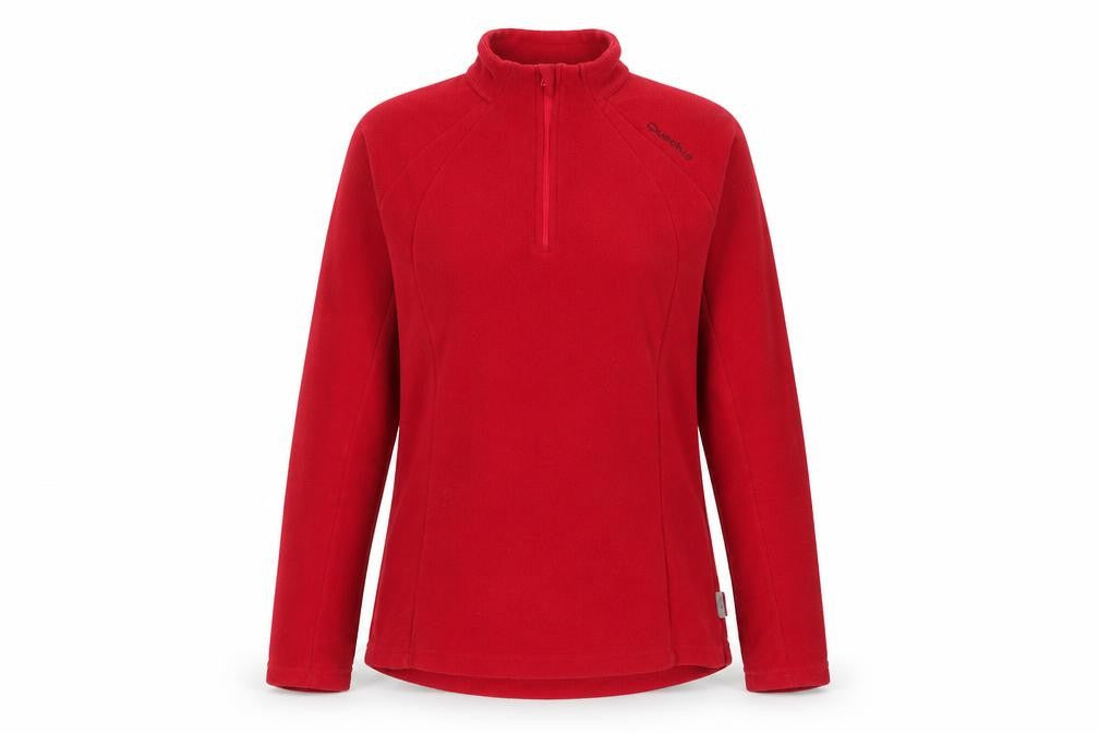 Front view of Decathlon women’s pink polyester pullover sweatshirt, size L, zip - logo, embroidered