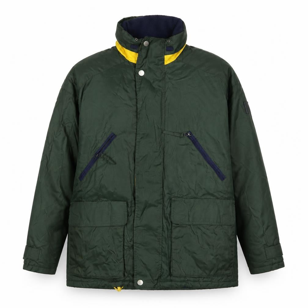 Front view of AMICA men’s green jacket, size L, zip - pockets