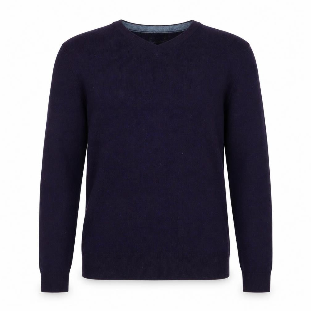 Front view of Howick Tailored men’s purple v-neck wool jumper, size S, long sleeve