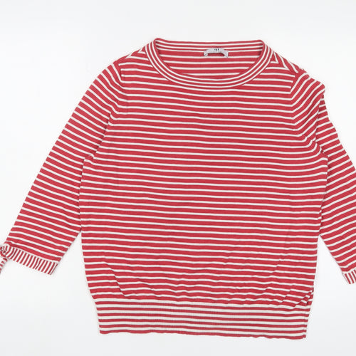 Peter Hahn Womens Red Crew Neck Striped Cotton Pullover Jumper Size 16