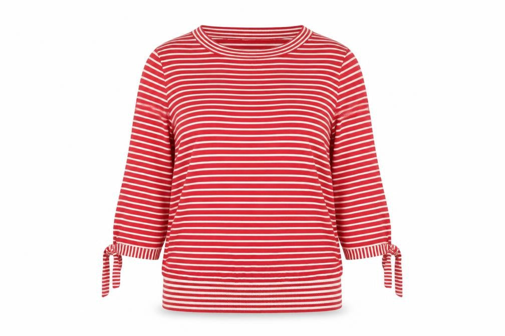 Front view of Peter Hahn women’s red crew neck striped cotton jumper, size UK 16