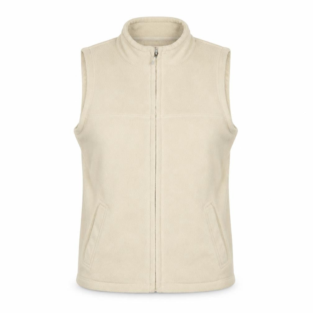 Front view of EWM women’s beige gilet jacket, size S, zip - 10/12