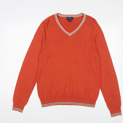 Brooks Brothers Mens Orange V-Neck Cotton Pullover Jumper Size M Long Sleeve