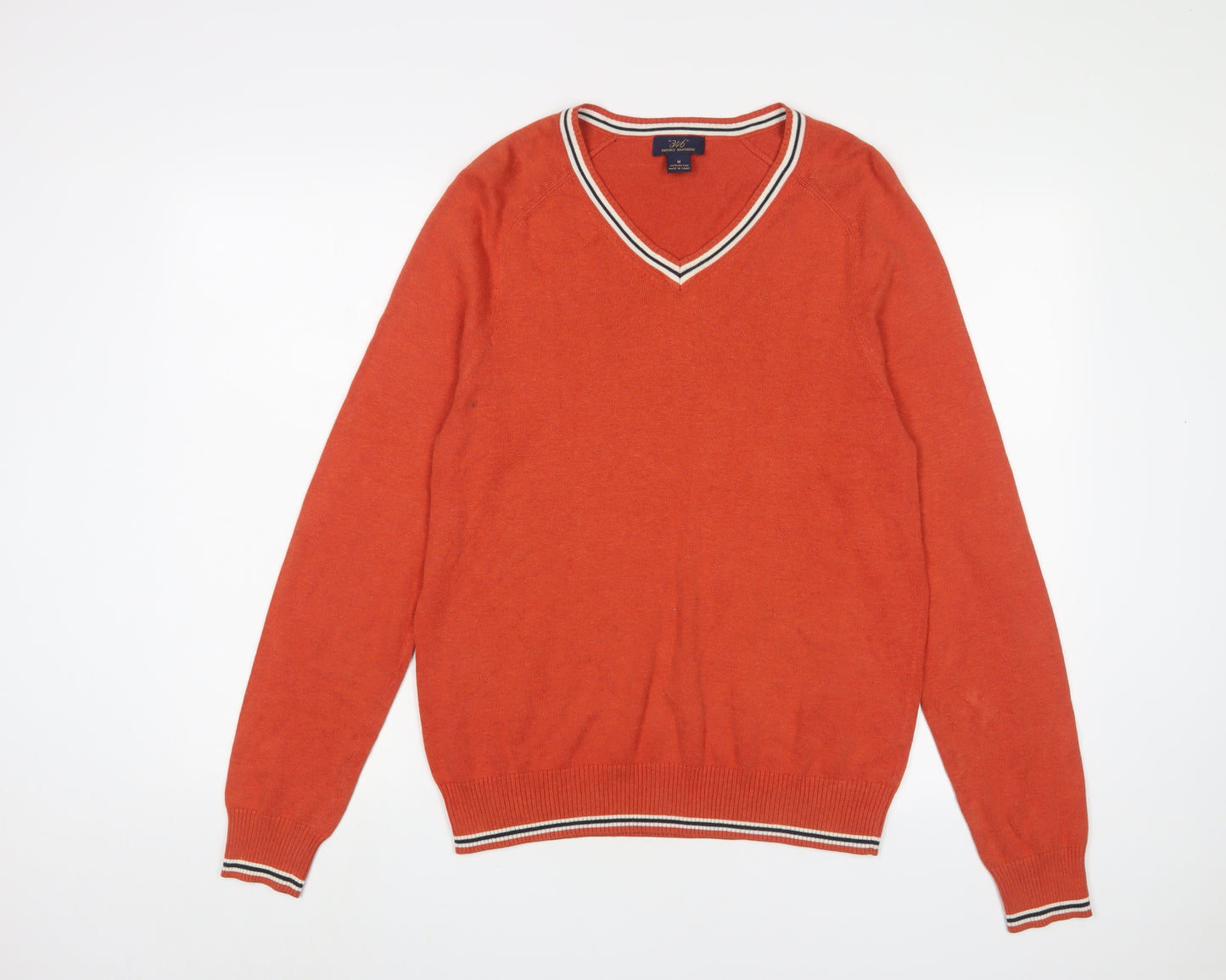 Brooks Brothers Mens Orange V-Neck Cotton Pullover Jumper Size M Long Sleeve