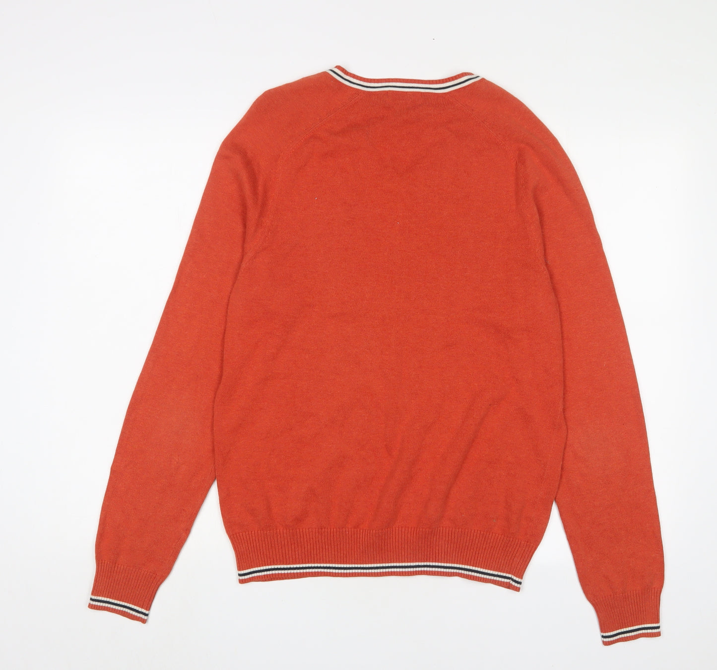 Brooks Brothers Mens Orange V-Neck Cotton Pullover Jumper Size M Long Sleeve