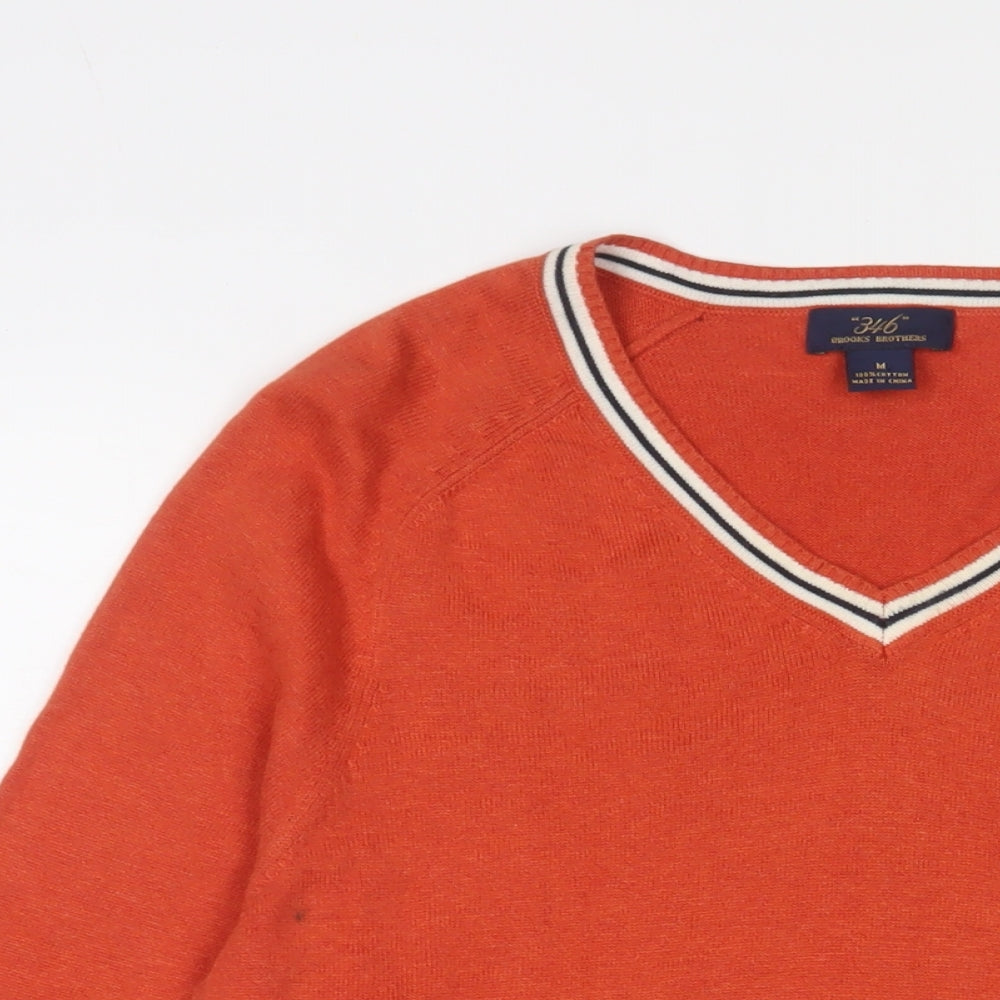 Brooks Brothers Mens Orange V-Neck Cotton Pullover Jumper Size M Long Sleeve