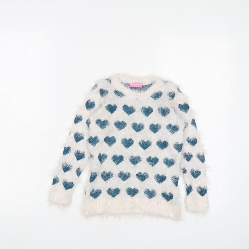 LC Waikiki Girls White Crew Neck Geometric Acrylic Pullover Jumper Size 2-3 Years Pullover - Hearts