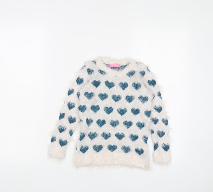 LC Waikiki Girls White Crew Neck Geometric Acrylic Pullover Jumper Size 2-3 Years Pullover - Hearts