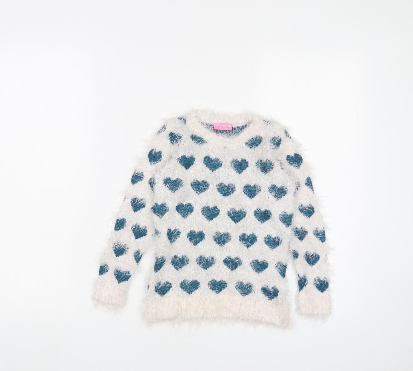LC Waikiki Girls White Crew Neck Geometric Acrylic Pullover Jumper Size 2-3 Years Pullover - Hearts