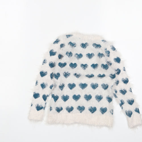 LC Waikiki Girls White Crew Neck Geometric Acrylic Pullover Jumper Size 2-3 Years Pullover - Hearts