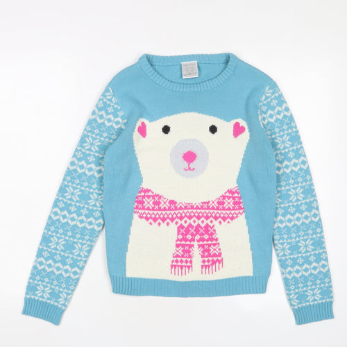 Lily&Dan Girls Blue Crew Neck Geometric Acrylic Pullover Jumper Size 11-12 Years Pullover - Polar bear