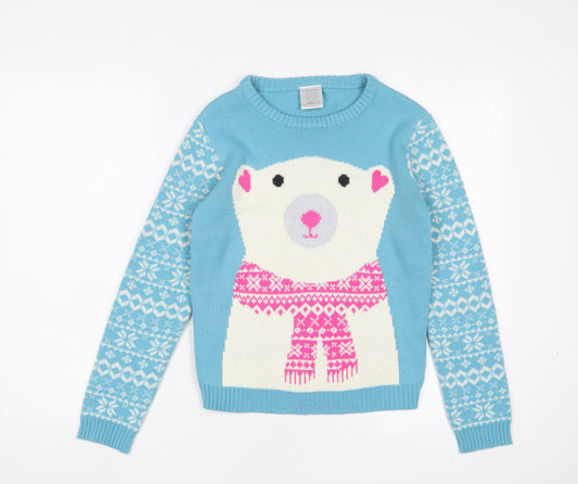 Lily&Dan Girls Blue Crew Neck Geometric Acrylic Pullover Jumper Size 11-12 Years Pullover - Polar bear